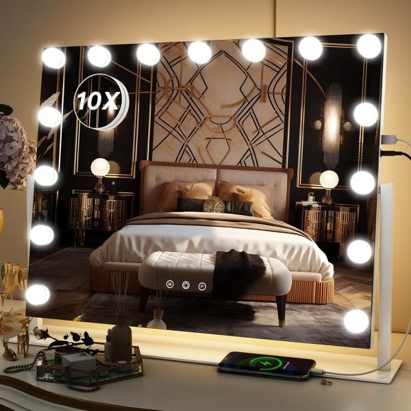 81Qm-QaMJdL._AC_SL1500 Vanity Mirror with Lights - 15"x12.6" LED Lighted Makeup Mirror, Large Makeup Mirror with Lights, Touch Screen with 3-Color Lighting, Dimmable, for Vanity Desk Tabletop, Bedroom