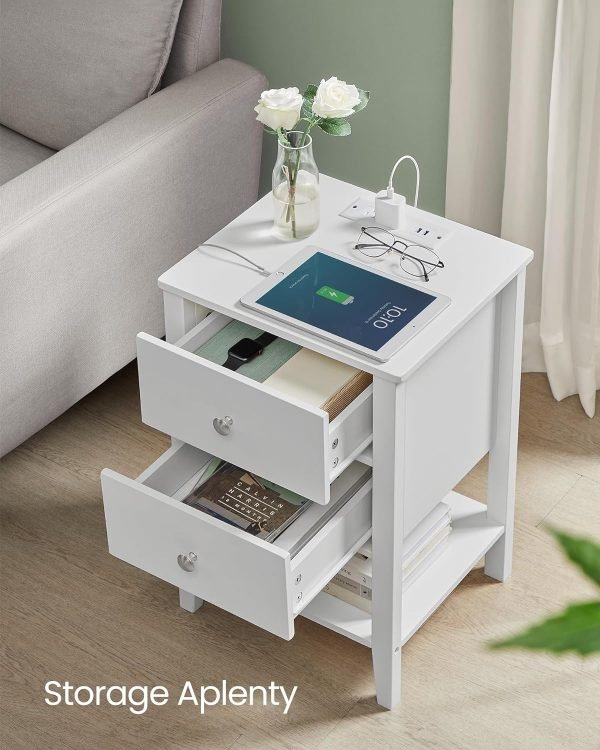 Bamboo Nightstand with Charging Station, Bedside Table with 2 Drawers, Side End Table with Open Shelf, 2 USB-A Ports, 2 AC Outlets, Minimalist, for Bedroom, Cloud White ULET623W01