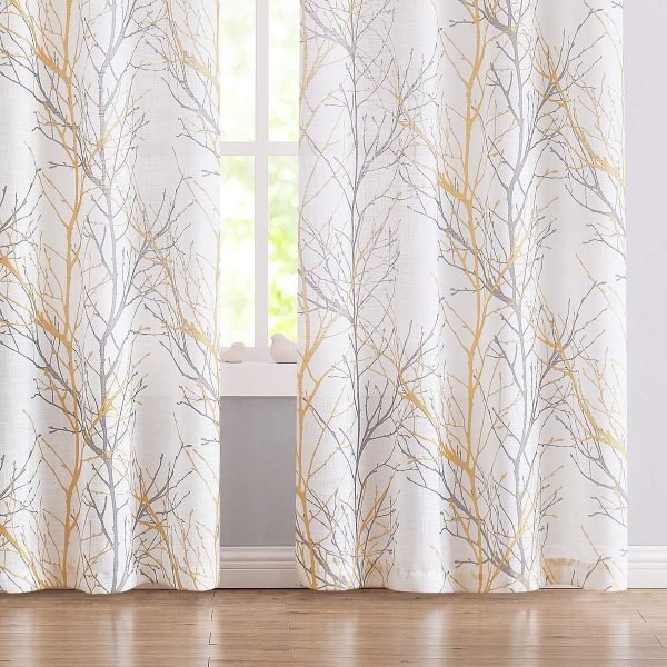 Tree Print Yellow Grey and White Curtains for Living Room Windows - Linen Textured Grommet Branches Pattern Window Treatment Set for Bedroom - 50" W x 96" L - (2 Panels)