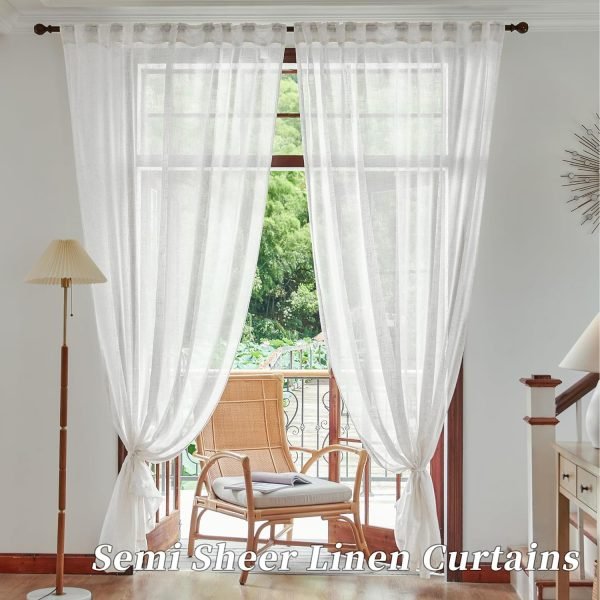 81SI23ykwZL._AC_SL1500 White Linen Sheer Curtains 96 Inch Length for Extra Wide Windows 84 Inch Width 2 Panel Back Tab Pocket Light Filter Semi Sheer Long Skinny Curtains for Living Room Rustic Farmhouse 8 FT Wide 84 x 96