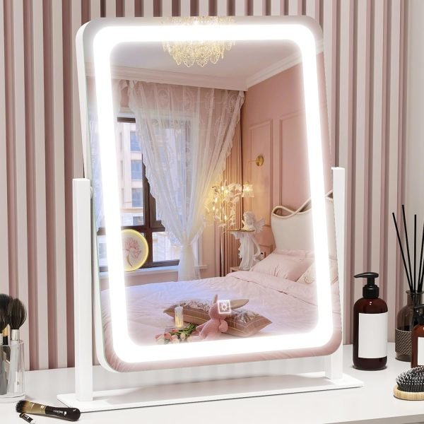 Lighted Makeup Mirror with Light, 9"x11" Vanity Mirror with Lights, Portable Tabletop Cosmetic Make Up Mirror, Smart Touch Control, Dual Power Supply, 360°Rotation