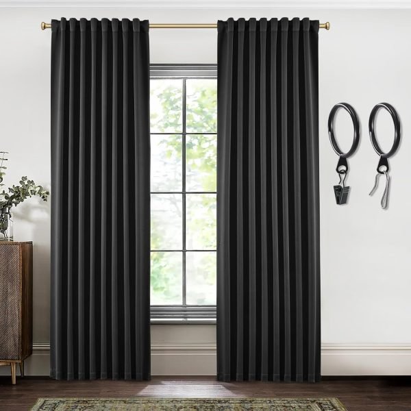 Blackout Curtains 96 Inches Long 2 Panel Set for Living Room,Black Out Room Darkening Thermal Pleated Back Tab Hooks Rings Pleat 8 FT Track Ceiling to Floor Length Curtains for Bedroom Window,Cream