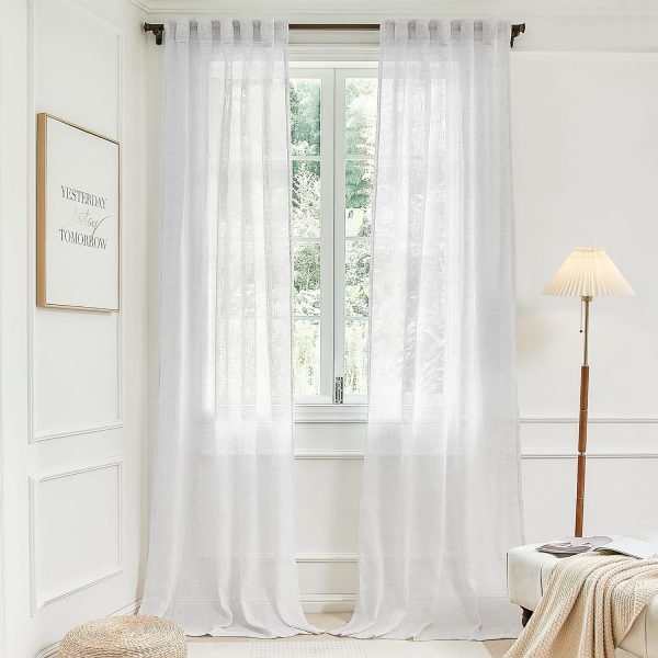 81Tx1c3ZvEL._AC_SL1500 White Linen Sheer Curtains 96 Inch Length for Extra Wide Windows 84 Inch Width 2 Panel Back Tab Pocket Light Filter Semi Sheer Long Skinny Curtains for Living Room Rustic Farmhouse 8 FT Wide 84 x 96