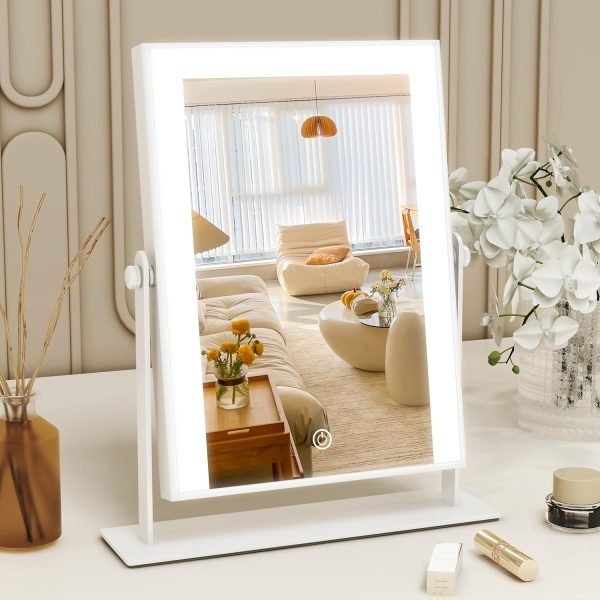 Lighted Makeup Mirror with Light, 9"x11" Vanity Mirror with Lights, Portable Tabletop Cosmetic Make Up Mirror, Smart Touch Control, Dual Power Supply, 360°Rotation