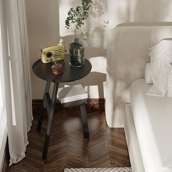 Round End Side Table, Accent Table with 2 Tier Shelves, Nightstand Bedside Table for Living Room Bedroom and Small Space, Black