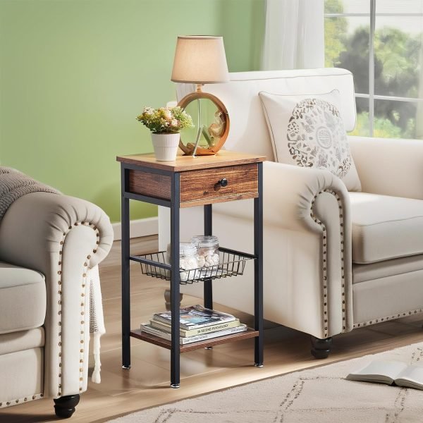 Tall Side End Table,Nightstands Shelf Storage Organizer with Versatile Metal Basket for Telephone Entryway/Living Room/Bedroom/Kitchen,31" H, 1 Set, Rustic Brown