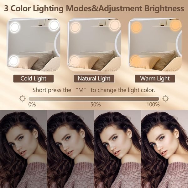 Lighted Makeup Mirror, 14"x 12" Hollywood Vanity Mirror with 9 LED Bulbs, 3 Color Lights, and Detachable 10X Magnification Mirror, 1200mAh Rechargeable, Touch Control, 360°Rotation (White)