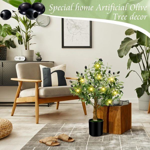81XQdRfqj2L._AC_SL1500 24 Inch Artificial Olive Tree Tall Faux Silk Olive Trees with LED String Lights Fake Potted Artificial Plants Indoor Outdoor for Home Office Table Decor