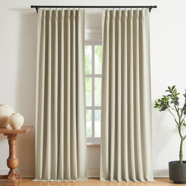 Natural Full Blackout Curtains Linen Blended Darkening Window Curtains 84 inch for Living Room Bedroom Thermal Insulated Pinch Pleat Drapes with Hooks 2 Panel 40"Wx84"L
