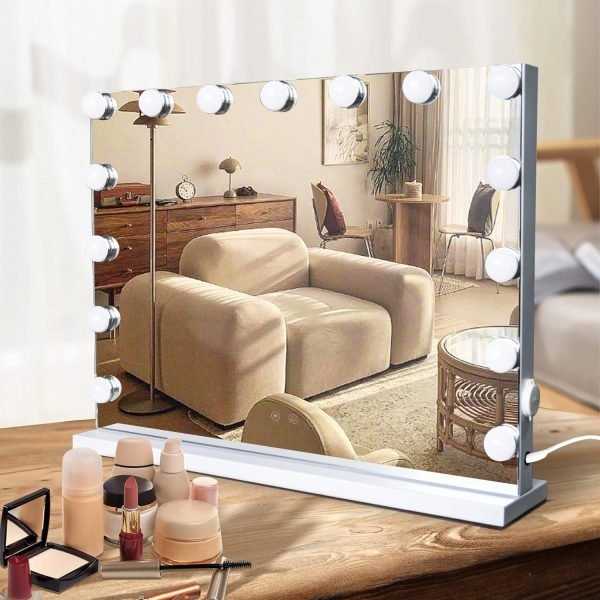 Lighted Makeup Mirror, 14"x 12" Hollywood Vanity Mirror with 9 LED Bulbs, 3 Color Lights, and Detachable 10X Magnification Mirror, 1200mAh Rechargeable, Touch Control, 360°Rotation (White)