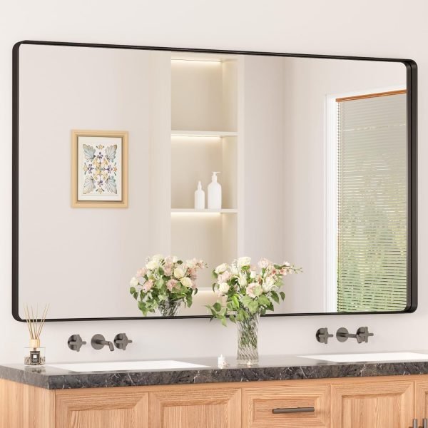 Black Metal Framed Bathroom Mirrors for Wall, 20 x 30 Inch Rounded Rectangle Bathroom Vanity Mirror, Matte Black Farmhouse Mirror with Seamless Frame, HD Tempered Glass(Horizontal/Vertical)