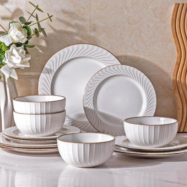 Ceramic Dinnerware Sets, Embossed White Stoneware Plates and Bowls Sets, Housewarming Wedding Gift | Dishwasher & Microwave Safe | Dishes Set Service for 4