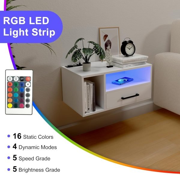 81_HRP-T0fL._AC_SL1500 Floating Nightstand with Charging Station and LED Lights, Floating Bedside Table with Drawers Wall Mounted Nightstands,for Bedroom Room, 21.3" x 11.8" x 10",White