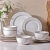 Ceramic Dinnerware Sets, Embossed White Stoneware Plates and Bowls Sets, Housewarming Wedding Gift | Dishwasher & Microwave Safe | Dishes Set Service for 4