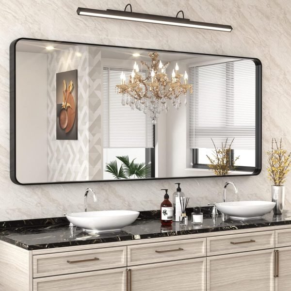 81_QAPmQ4rL._AC_SL1500 22x30 Inch Bronze Bathroom Mirror for Vanity, Brushed Bronze Metal Frame Mirror for Wall, Rounded Rectangle Bronze Frame Mirror with Tempered Glass, Anti-Rust (Horizontal/Vertical)