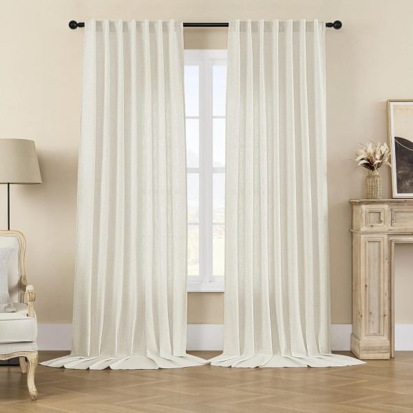 Linen Curtains 2 Panel Set,Light Filtering, Ivory on Linen Curtains 96 Inch Curtains for Living Room, Cream Drapes 96 Inches Long Rod Pocket Back Tab Curtains (96" L x 52" W)