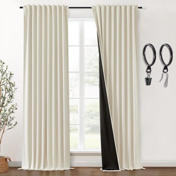 Blackout Curtains 96 Inches Long 2 Panel Set for Living Room,Black Out Room Darkening Thermal Pleated Back Tab Hooks Rings Pleat 8 FT Track Ceiling to Floor Length Curtains for Bedroom Window,Cream