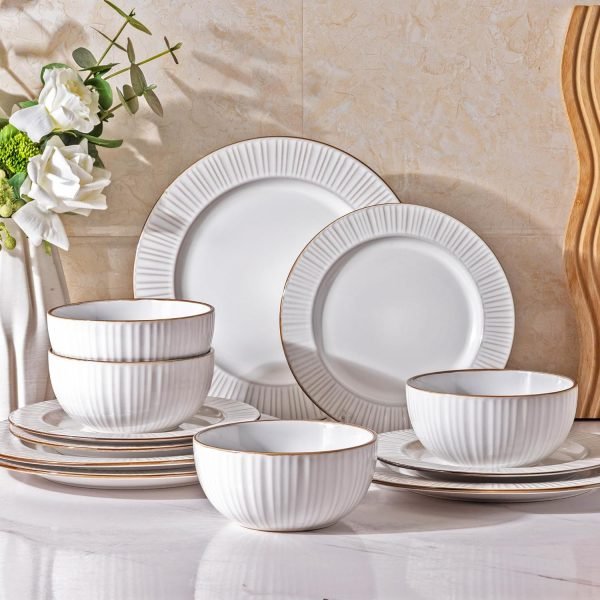 Ceramic Dinnerware Sets, Embossed White Stoneware Plates and Bowls Sets, Housewarming Wedding Gift | Dishwasher & Microwave Safe | Dishes Set Service for 4