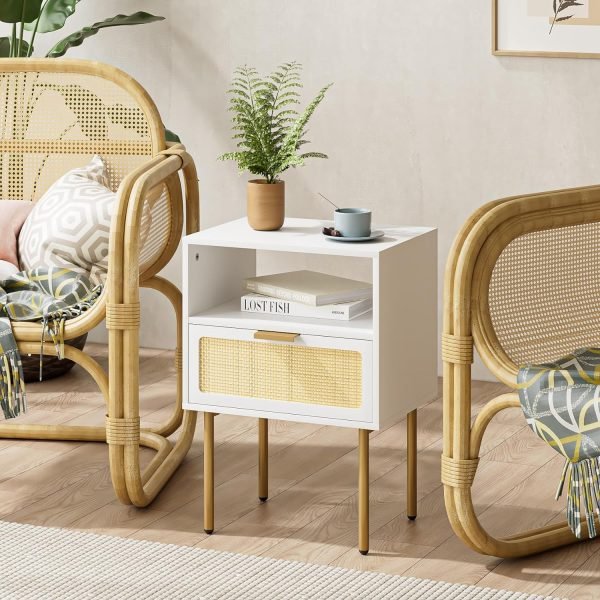 81a3K8tMwYL._AC_SL1500 Rattan Nightstand, Drawer Dresser for Bedroom, Small Side Table with Drawer, Bedside Furniture, Night Stand, End Table with Gold Frame for Bedroom, Living Room, White