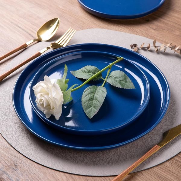 Stoneware Dinnerware Sets for 4, 12 Pieces Handpainted Plates and Bowls Set with Wavy Rim, Chip and Scratch Resistant Dishes set, Dishwasher & Microwave Safe, Royal Blue