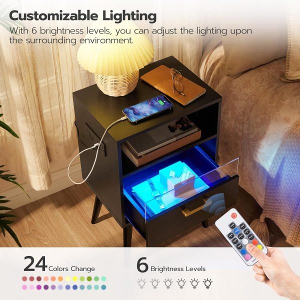 81bC-NJXEQL._AC_SL1500 Nightstand with Charging Station and LED Lights, Night Stands with Drawer, End Bedside Table with USB Ports & Outlets, Side Table for Bedroom, LED Nightstands, for Bedroom, Black BB01UDBZ01