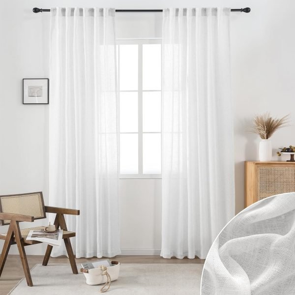 81bX6J5e6LL._AC_SL1500 White Linen Sheer Curtains 96 Inch Length for Extra Wide Windows 84 Inch Width 2 Panel Back Tab Pocket Light Filter Semi Sheer Long Skinny Curtains for Living Room Rustic Farmhouse 8 FT Wide 84 x 96