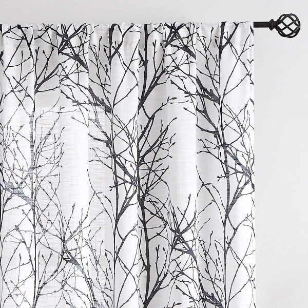 Tree Print Yellow Grey and White Curtains for Living Room Windows - Linen Textured Grommet Branches Pattern Window Treatment Set for Bedroom - 50" W x 96" L - (2 Panels)