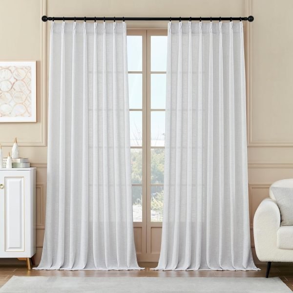 81c3yVFzQRL._AC_SL1500 Pleated Linen Curtains 96 Inches Long for Living Room 2 Panel Set, Semi Sheer Pinch Pleat Back Tab Drapes with Hooks Neutral Boho Light Filtering Curtain for Bedroom Window 8 Ft W38xL96