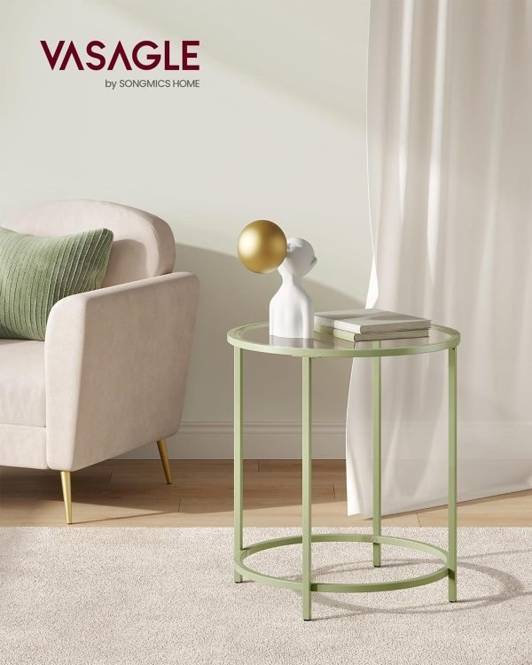 Round Side Table, Glass End Table with Metal Frame, Laurel Green Coffee Table with Modern Style, for Living Room, Balcony, Bedroom, Laurel Green