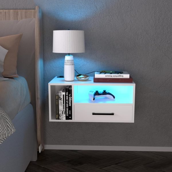 81eNsz_mAfL._AC_SL1500 Floating Nightstand with Charging Station and LED Lights, Floating Bedside Table with Drawers Wall Mounted Nightstands,for Bedroom Room, 21.3" x 11.8" x 10",White