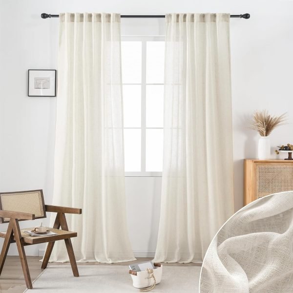 81f7Y0kDokL._AC_SL1500 White Linen Sheer Curtains 96 Inch Length for Extra Wide Windows 84 Inch Width 2 Panel Back Tab Pocket Light Filter Semi Sheer Long Skinny Curtains for Living Room Rustic Farmhouse 8 FT Wide 84 x 96