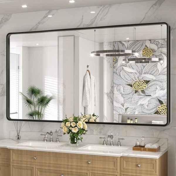 Black Bathroom Mirror for Wall, 24x36 Inch Rectangular Black Metal Framed Mirror, Modern Wall Mounted Vanity Mirror for Bathroom, Vertical or Horizontal
