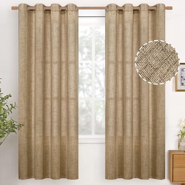 Natural Linen Curtains 63 Inch Length 2 Panels Bronze Grommet Linen Textured Short Window Drapes Light Filtering for Living Room Bedroom, 52 X 63 Inch