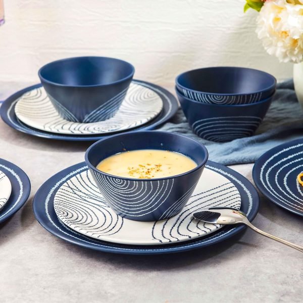81gOvR8HTRL._AC_SL1500 12 Piece Melamine Dinnerware Set - Durable, Dishwasher Safe Blue Plates and Bowls - Dining, Parties, Camping Dish Set Blue Planet Collection
