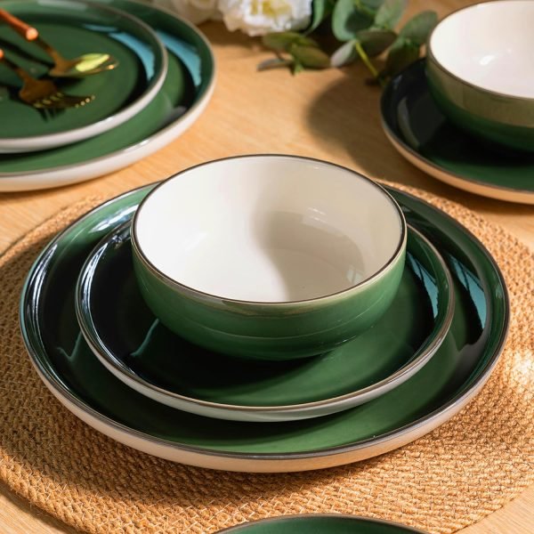 Ceramic Dinnerware Sets, 12 Pieces Emerald Green Stoneware Dinner Set, Plates and Bowls Sets, Dishwasher & Microwave Safe | Service for 4