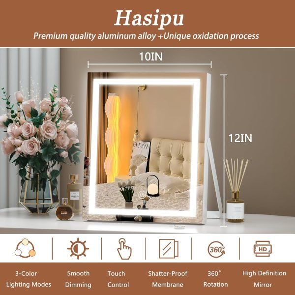 Vanity Mirror with Lights, 10"×12" LED Makeup Mirror, Lighted Makeup Mirror with Lights, Smart Touch Control Dimmable 3 Modes Light 360°Rotation White