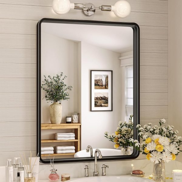 Black Bathroom Mirror for Wall, 24x36 Inch Rectangular Black Metal Framed Mirror, Modern Wall Mounted Vanity Mirror for Bathroom, Vertical or Horizontal