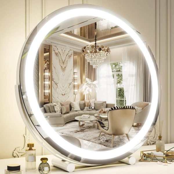 13 Inch Vanity Mirror with Lights, LED Makeup Mirror for Bedroom Makeup, Light up Mirror Smart Touch Control 3 Colors Dimmable, 360 Rotation (White)