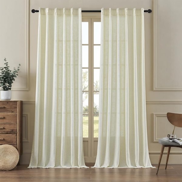 81o5mGOTraL._AC_SL1500 Pleated Linen Curtains 96 Inches Long for Living Room 2 Panel Set, Semi Sheer Pinch Pleat Back Tab Drapes with Hooks Neutral Boho Light Filtering Curtain for Bedroom Window 8 Ft W38xL96