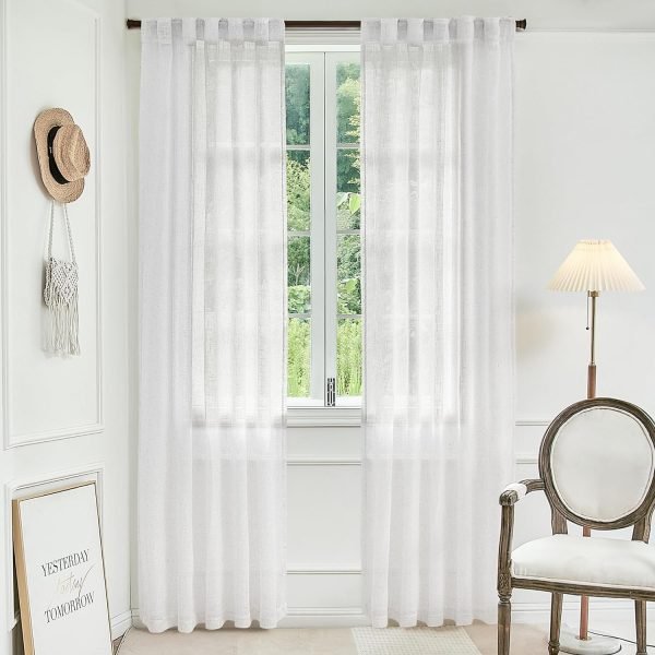 81ogfIOpT3L._AC_SL1500 White Linen Sheer Curtains 96 Inch Length for Extra Wide Windows 84 Inch Width 2 Panel Back Tab Pocket Light Filter Semi Sheer Long Skinny Curtains for Living Room Rustic Farmhouse 8 FT Wide 84 x 96