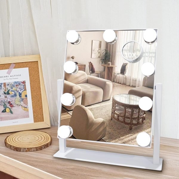 Lighted Makeup Mirror, 14"x 12" Hollywood Vanity Mirror with 9 LED Bulbs, 3 Color Lights, and Detachable 10X Magnification Mirror, 1200mAh Rechargeable, Touch Control, 360°Rotation (White)