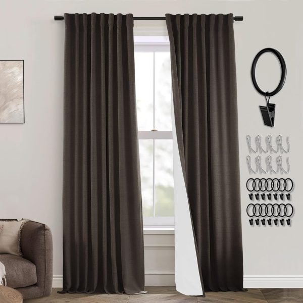 108 Inch Long Blackout Curtains & Drapes for Track System Pleated with Hooks Rings 2 Panels Set,Linen Black Out Back Tab 9FT Ceiling to Floor Length Curtains for Living Room,Cream Ivory