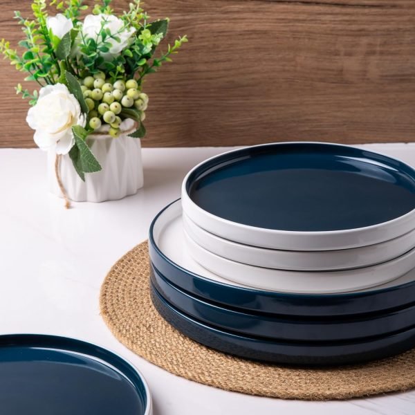 Ceramic Dinnerware Sets for 4,12 -Piece Double Color Stoneware Plates and Bowls Set,Chip and Crack Resistant | Dishwasher & Microwave Safe Dishes Set,Service for 4 -White &Blue