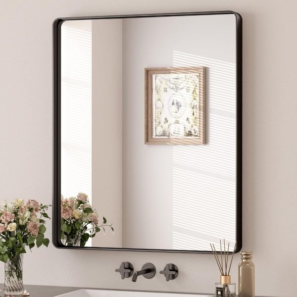 Black Metal Framed Bathroom Mirrors for Wall, 20 x 30 Inch Rounded Rectangle Bathroom Vanity Mirror, Matte Black Farmhouse Mirror with Seamless Frame, HD Tempered Glass(Horizontal/Vertical)