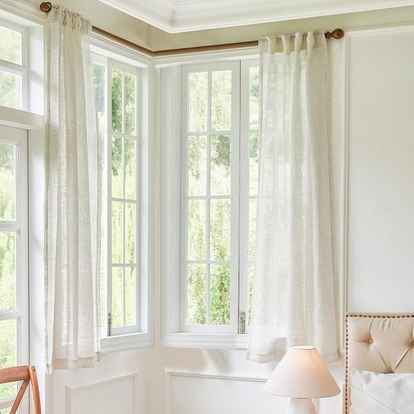 81psKGpjDtL._AC_SL1500 White Linen Sheer Curtains 96 Inch Length for Extra Wide Windows 84 Inch Width 2 Panel Back Tab Pocket Light Filter Semi Sheer Long Skinny Curtains for Living Room Rustic Farmhouse 8 FT Wide 84 x 96