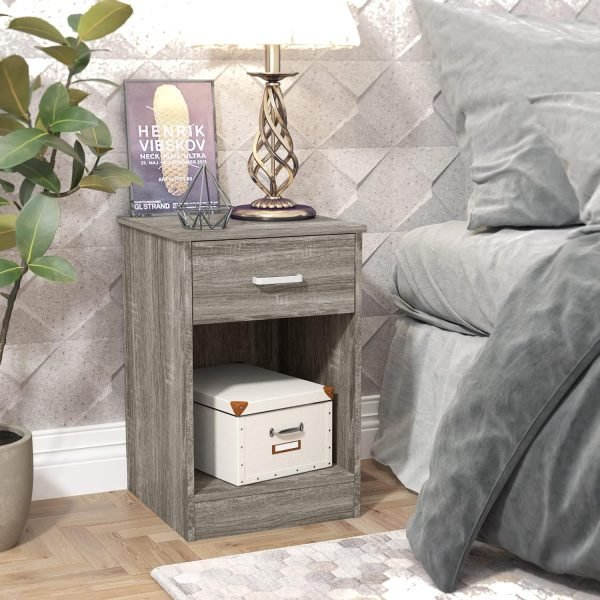 2-Tier Nightstand End Table Side Table for Bedroom Home Office Bedside Cabinets with 1-Drawer and Open Shelf, Weathered Grey