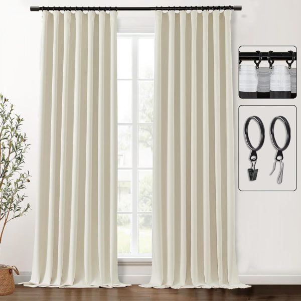 Blackout Curtains 96 Inches Long 2 Panel Set for Living Room,Black Out Room Darkening Thermal Pleated Back Tab Hooks Rings Pleat 8 FT Track Ceiling to Floor Length Curtains for Bedroom Window,Cream