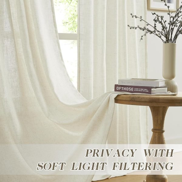 81rkDjNRrlL._AC_SL1500 Pleated Linen Curtains 96 Inches Long for Living Room 2 Panel Set, Semi Sheer Pinch Pleat Back Tab Drapes with Hooks Neutral Boho Light Filtering Curtain for Bedroom Window 8 Ft W38xL96