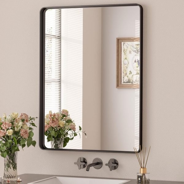 Black Metal Framed Bathroom Mirrors for Wall, 20 x 30 Inch Rounded Rectangle Bathroom Vanity Mirror, Matte Black Farmhouse Mirror with Seamless Frame, HD Tempered Glass(Horizontal/Vertical)