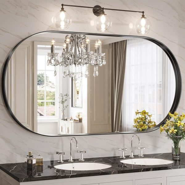 81sO0-yb5XL._AC_SL1500 Black Oval Mirror for Bathroom Vanity 20x30 Inch, Matte Black Bathroom Mirrors for Wall Metal Frame, Wall Mounted Mirror for Bedroom Living Room Wall Decor Hang Vertical and Horizontal